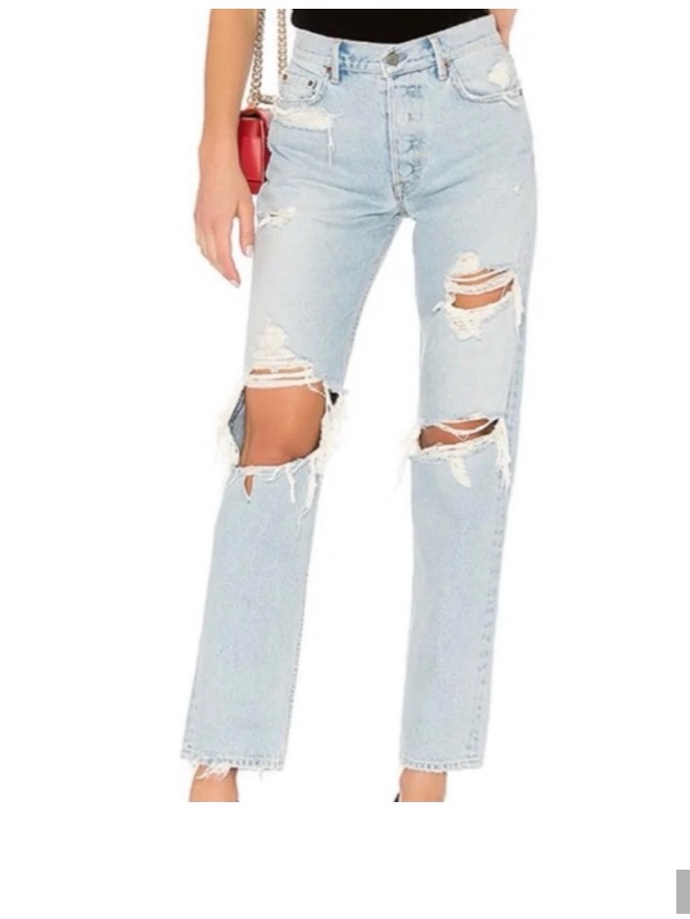 GRLFRND Light Blue Distressed High-Rise Straight Jeans